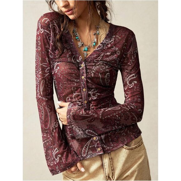 Women's Vintage Boho Paisley Button Down T Shirt V Neck Long Sleeve Fitted - Picture 4 of 5